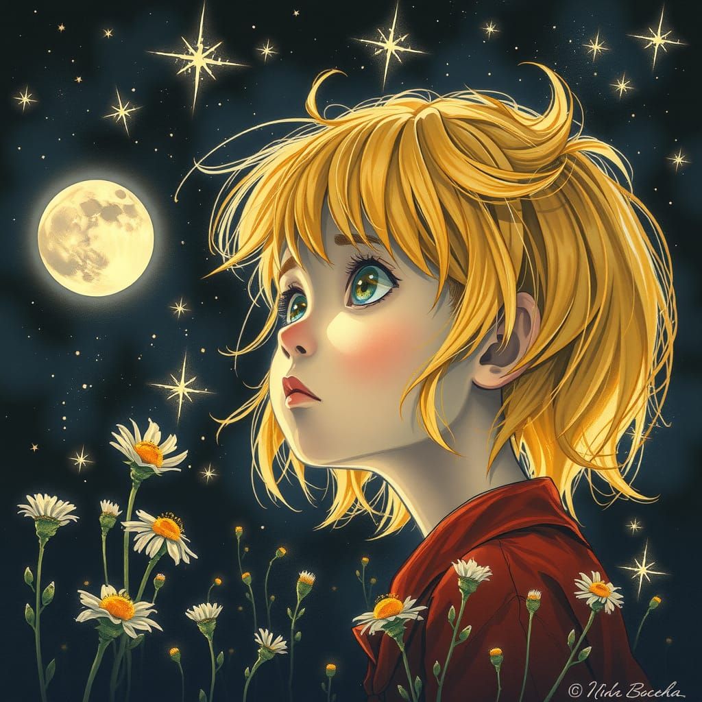 Boy Gazing at Starry Night Sky