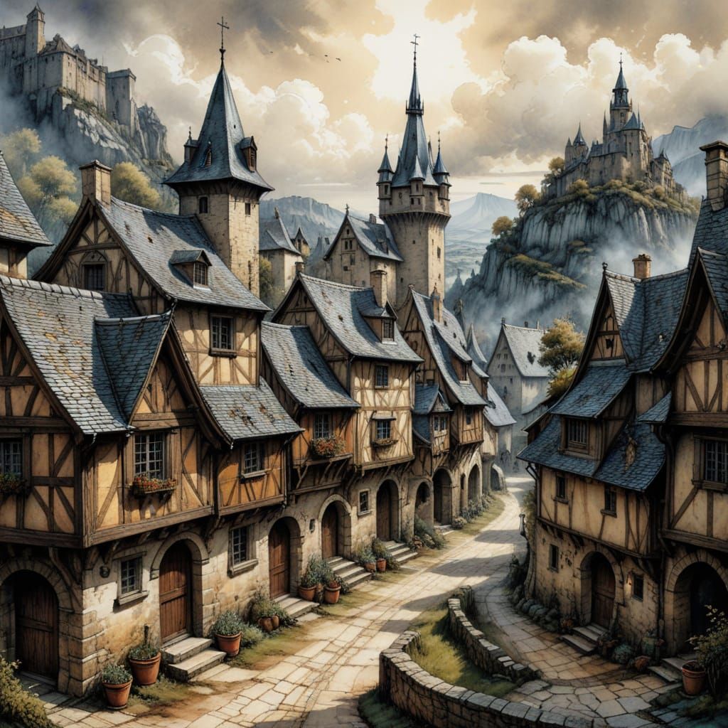 Detailed Ink Illustration of Medieval French Village