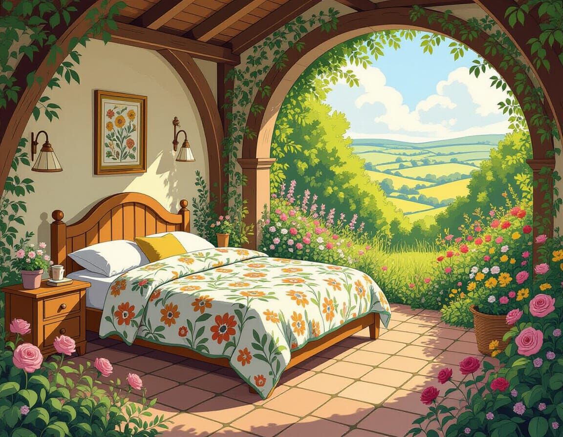 Cartoon Garden Under Bed in Beatrix Potter Style