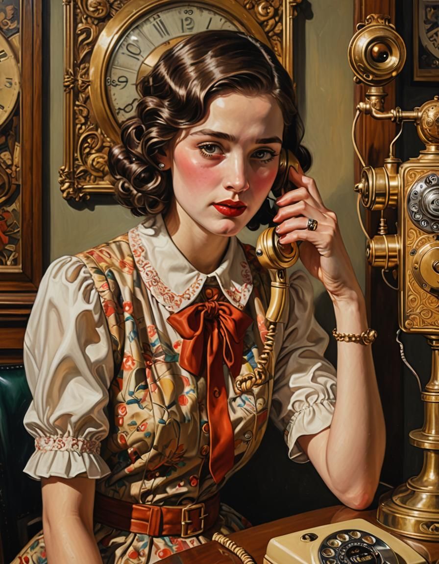 Girl in 1930s Fashion on Antique Telephone