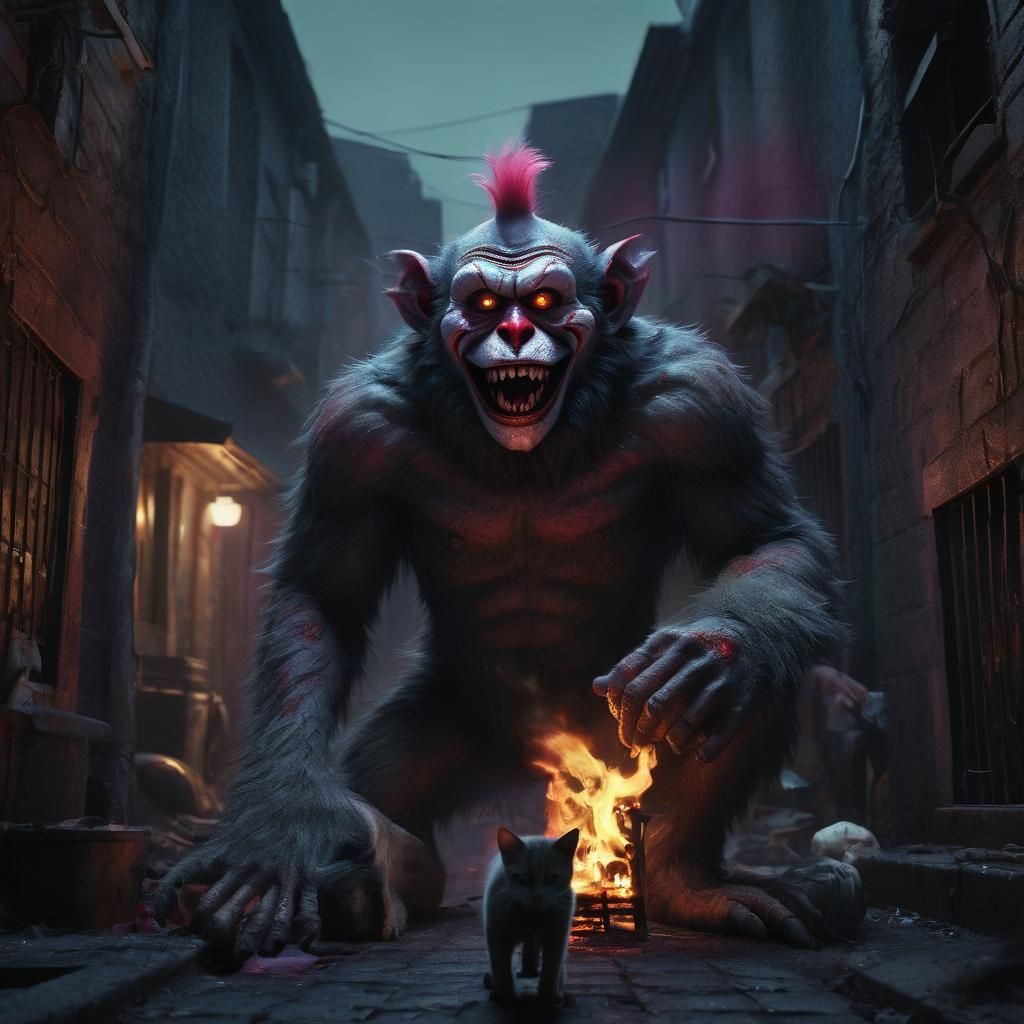 Eerie Monkey Clown Grilling Cat in Alleyway