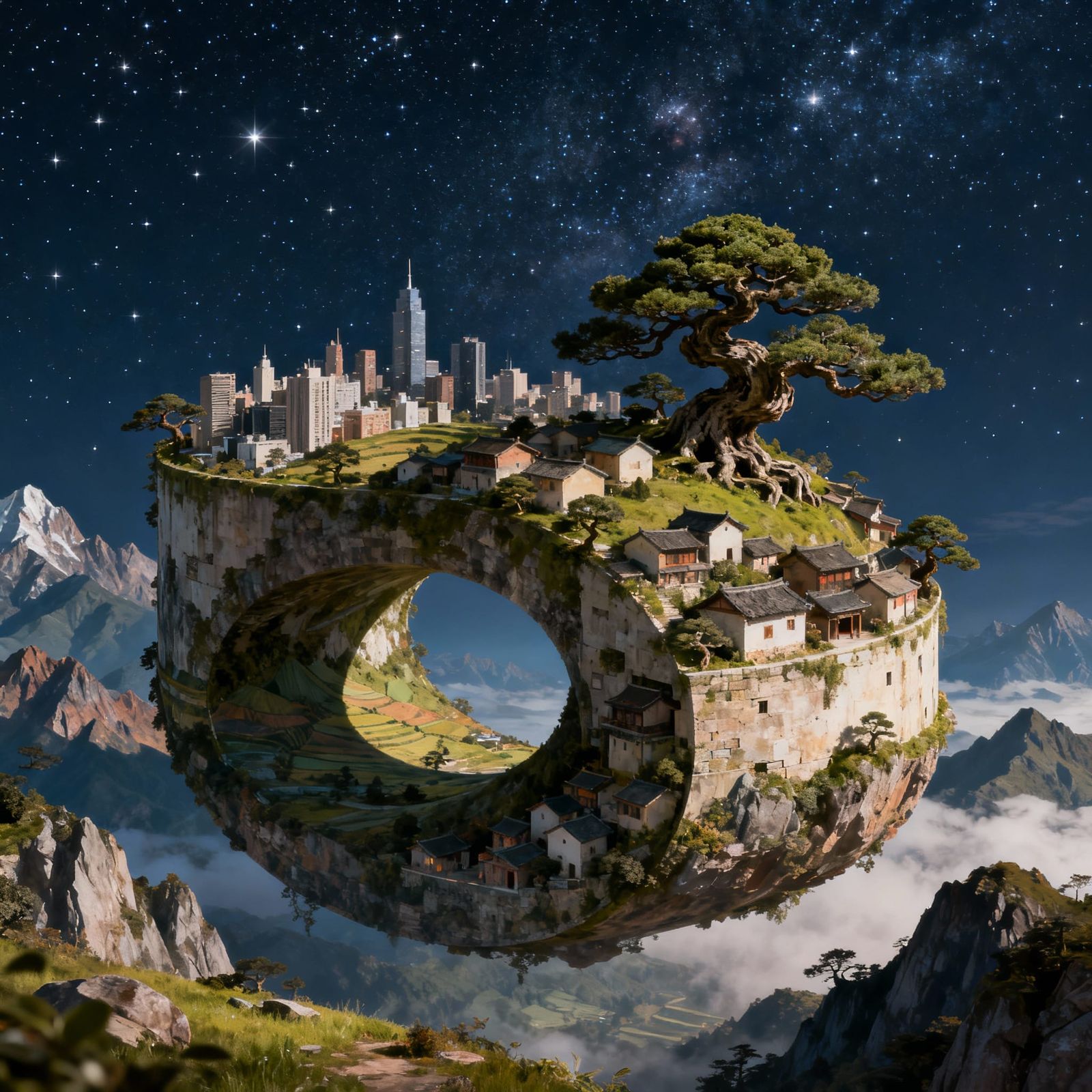 Surreal Cylindrical Village on Möbius Strip with Bonsai