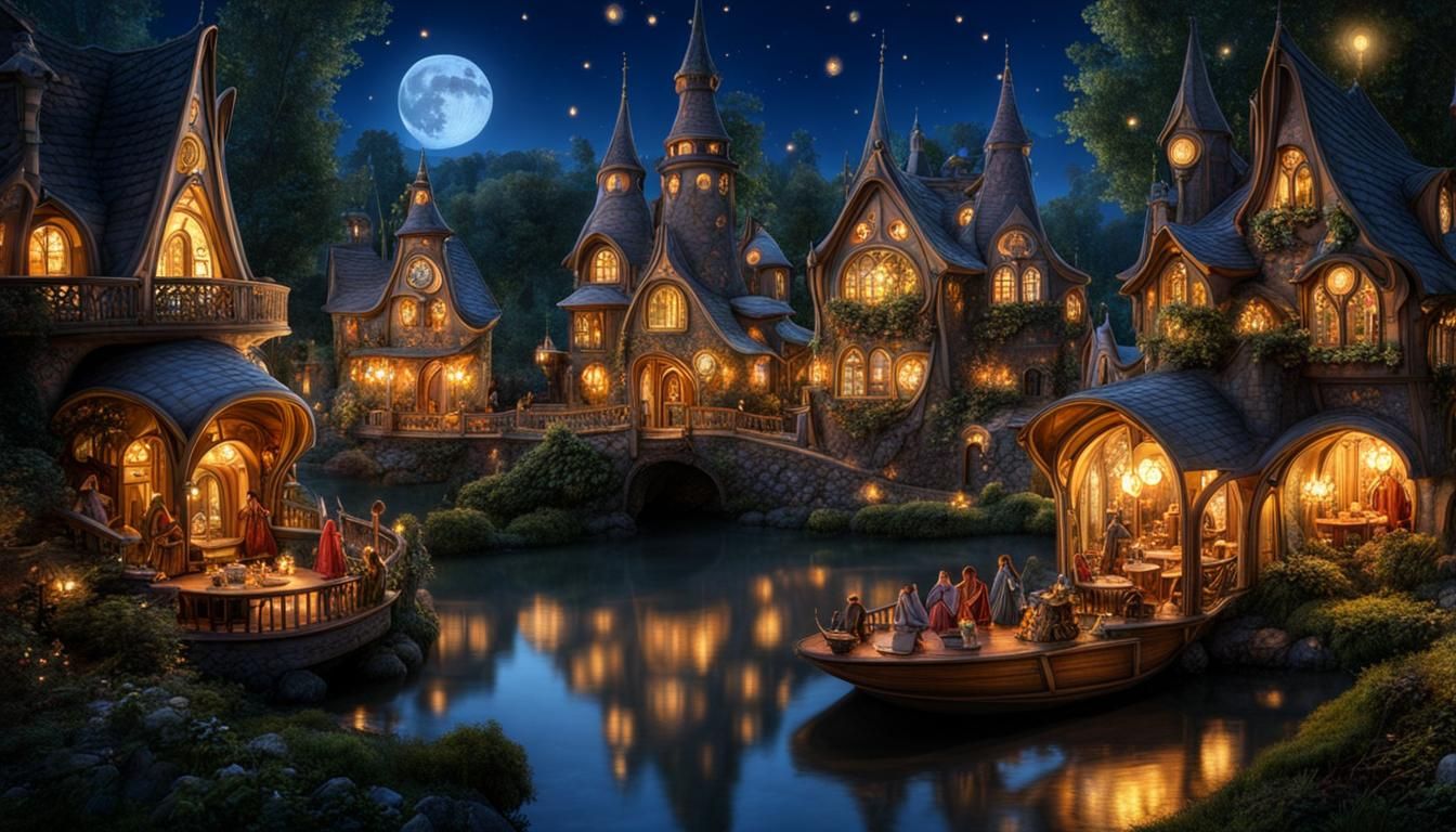 Magical Fairy Village Pub in Rococo Art Nouveau Style