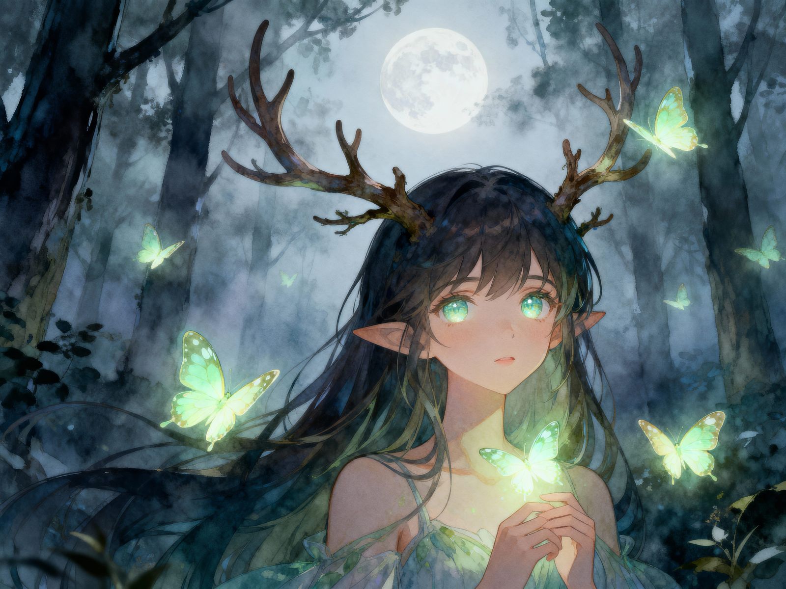 Ethereal Anime Forest Spirit in Moonlight