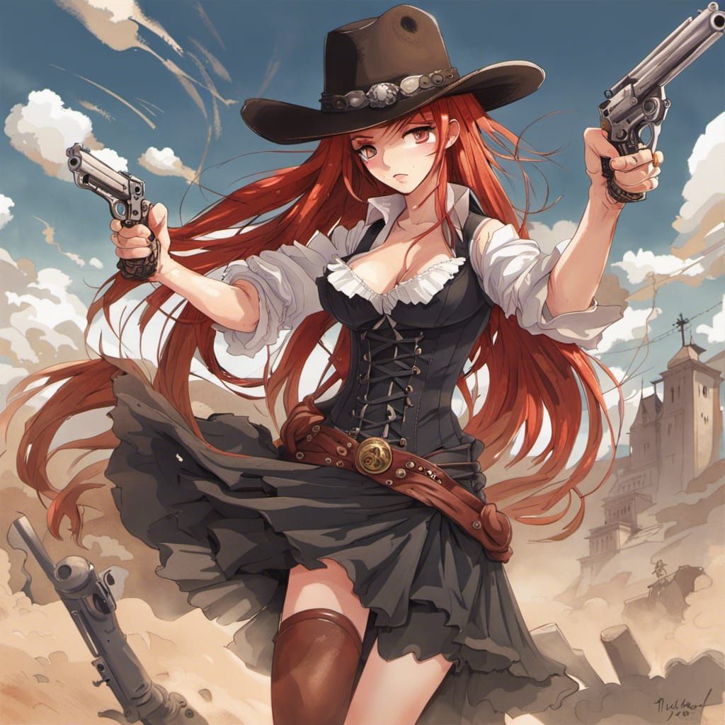 Red-Haired Cowgirl Gunfight in Anime Style