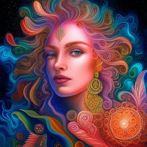 Cosmic Divine Feminine Illustration in Mixed Media