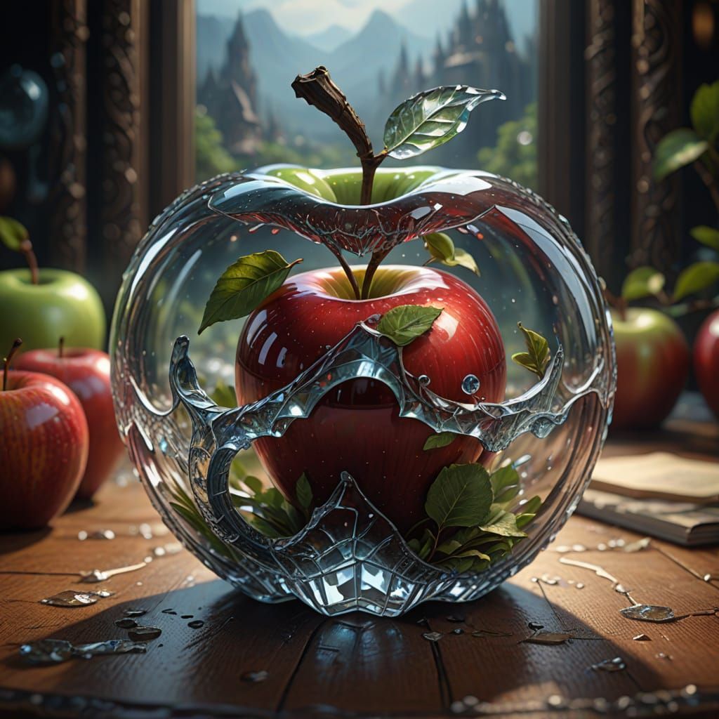 fantasy apple made of crystal glass, deep intricate details, Meaningful Visual Art, Detailed Strange Pa...
