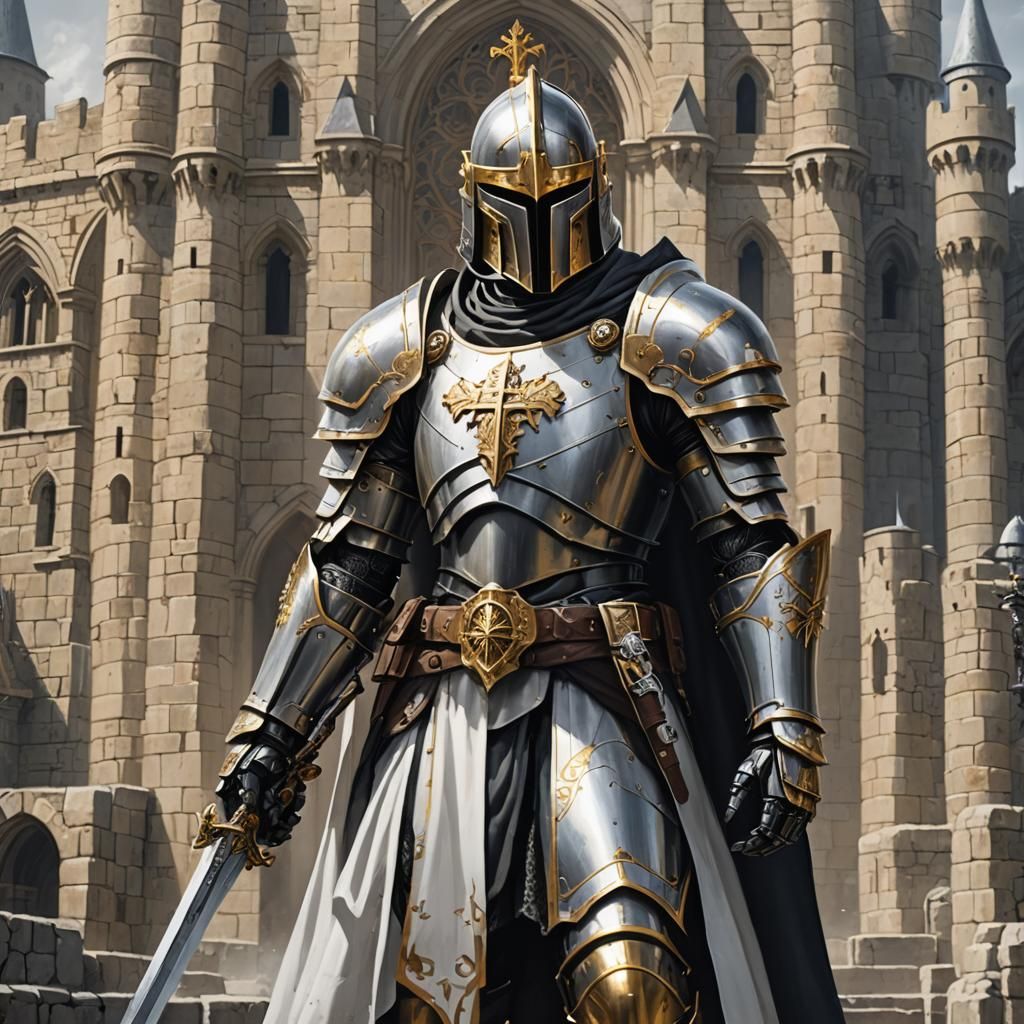 Robotic Templar Knight in Prayer with Golden Details