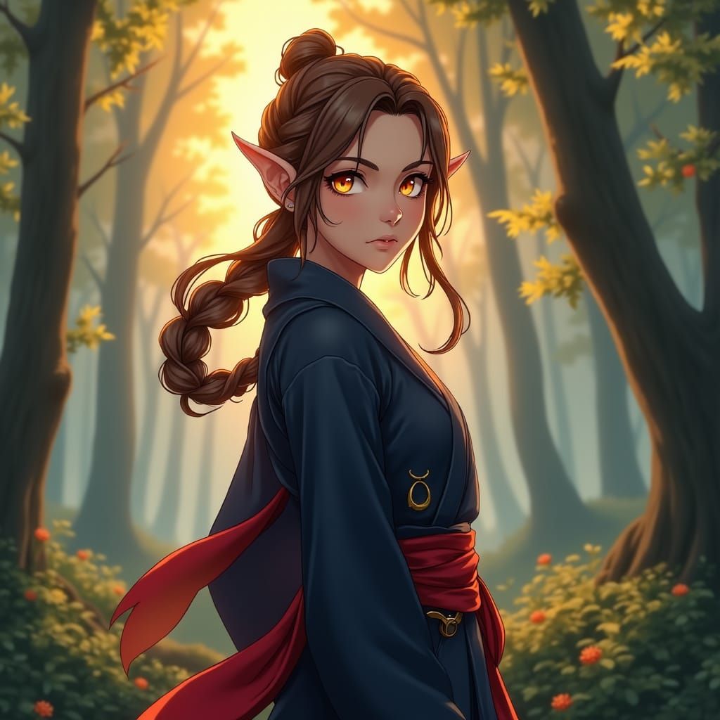 Elven Ninja in Forest, Anime Style