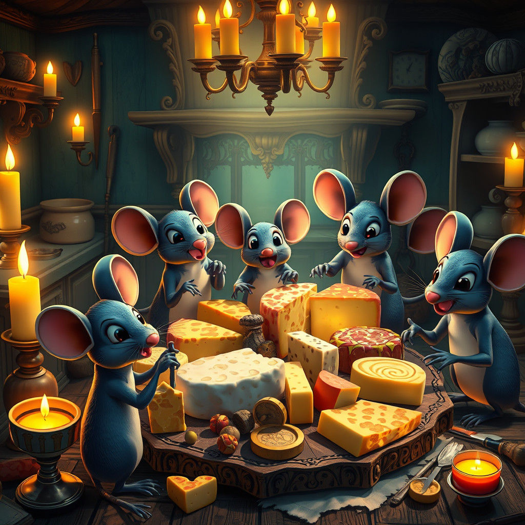 Cartoon Mice Feast on Glowing Cheese in Ornate Kitchen