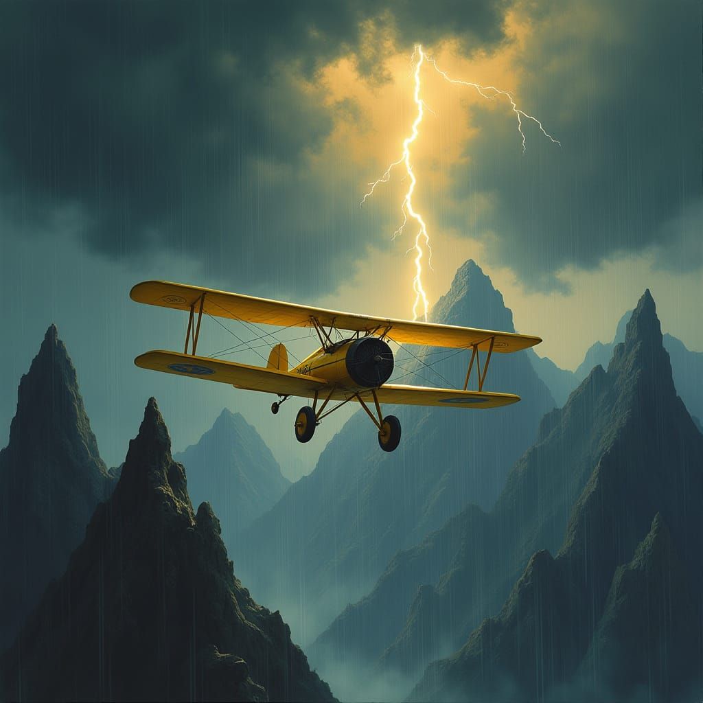 Biplane Soaring Above Mountains in Dramatic Digital Art
