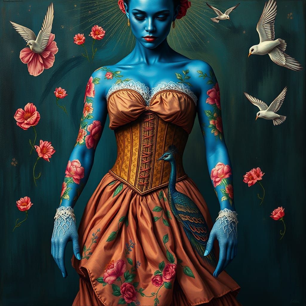 Blue Woman with Floral Tattoos, Van Gogh Impasto Style
