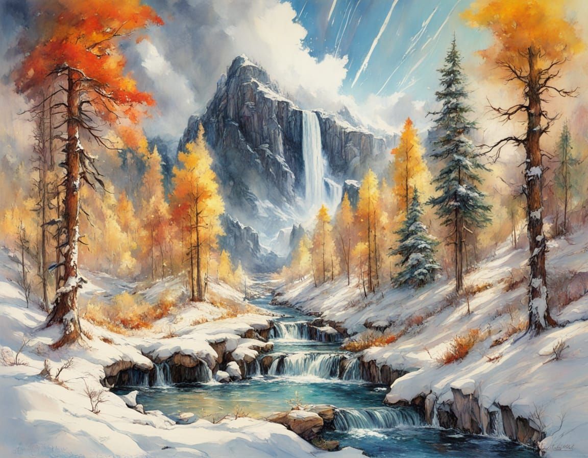 Autumn Waterfall Amidst First Snowfall Oil Painting