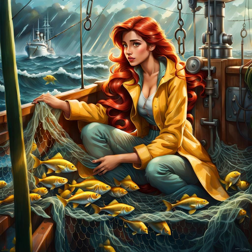Ariel as Human on Fishing Boat, Detailed Oil Painting