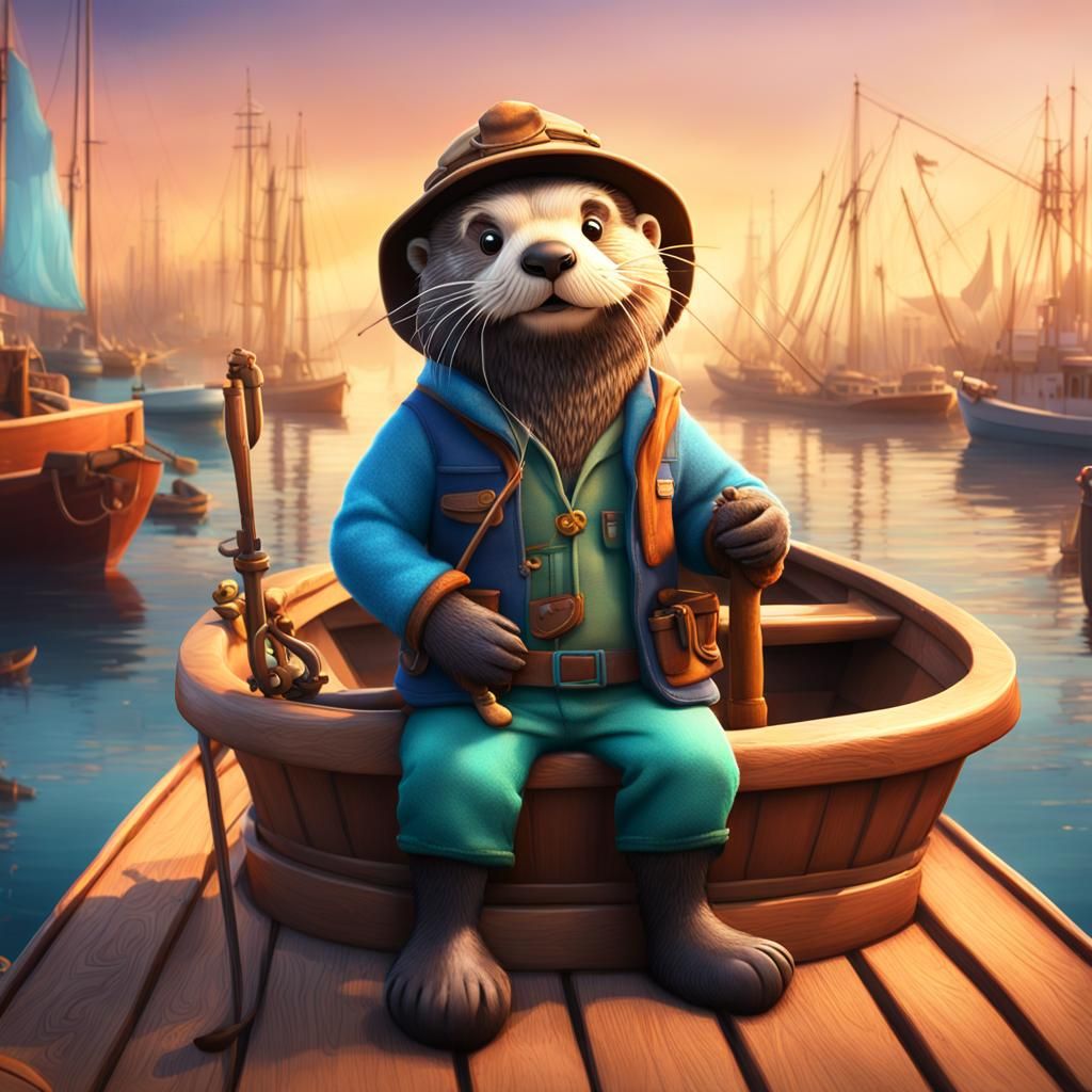 Cartoon Otter Fisherman in Harbor, 3D Digital Art