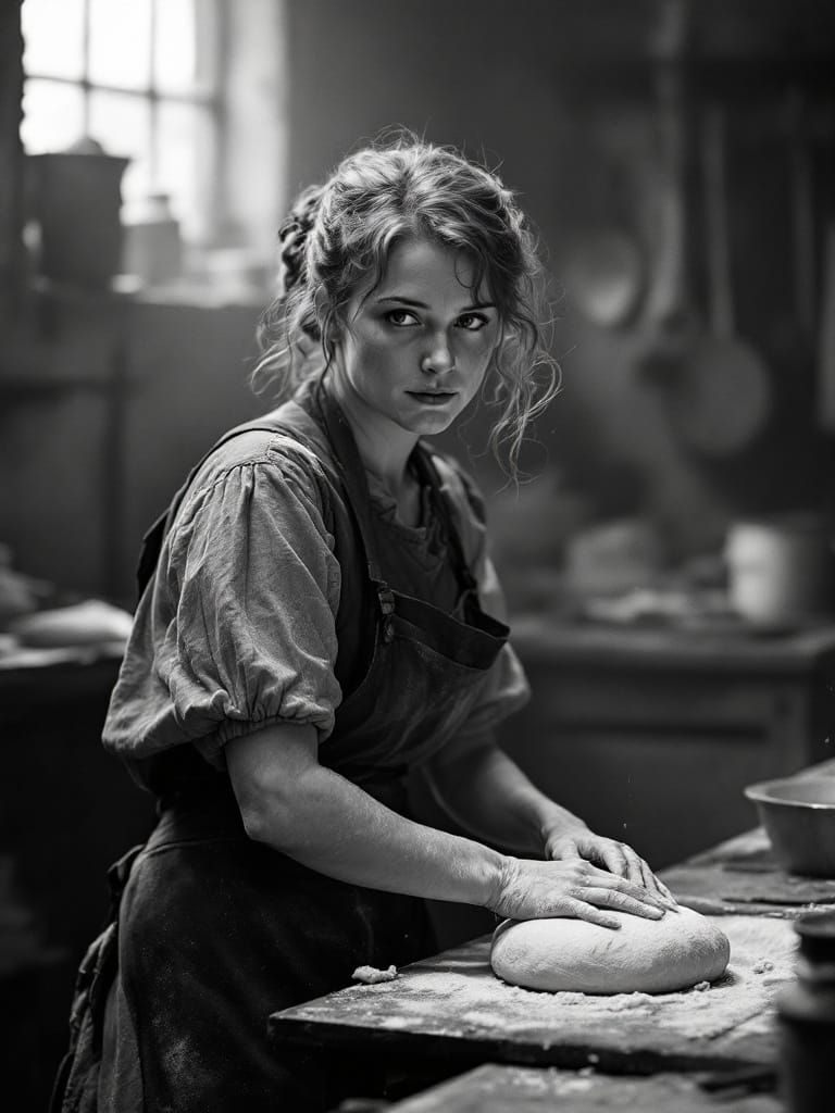 1500s Redhead Baker Kneading Dough in Dusty Kitchen