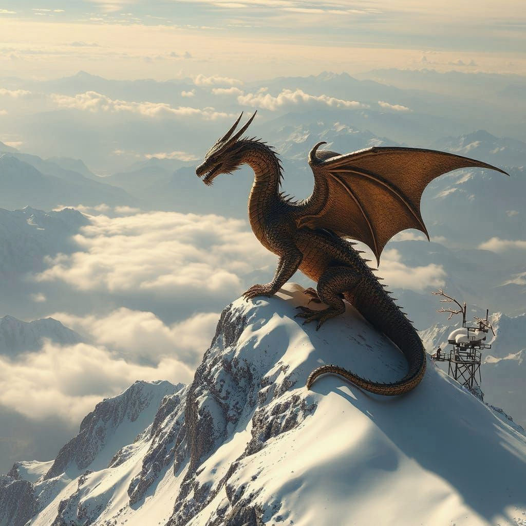Bronze Dragon on Snow Mountain: Dark Fantasy Art