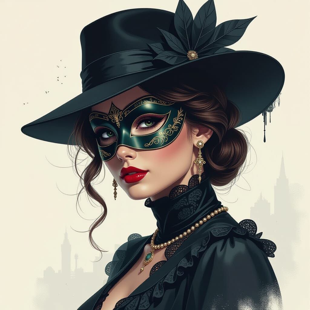 Mysterious Woman in Masquerade Mask, Noir Digital Art
