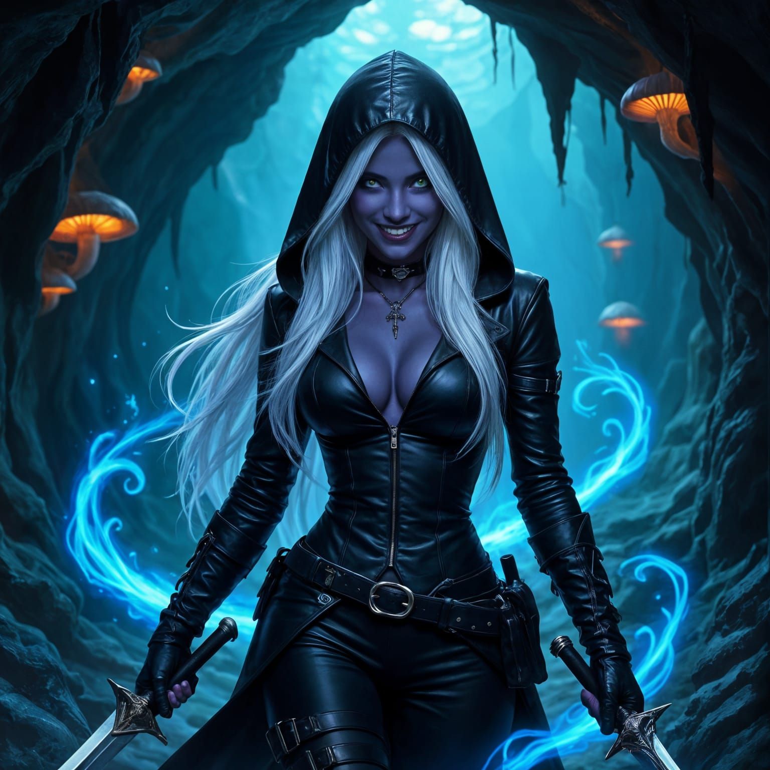 Drow Assassin with Scimitars in Fantasy Cave