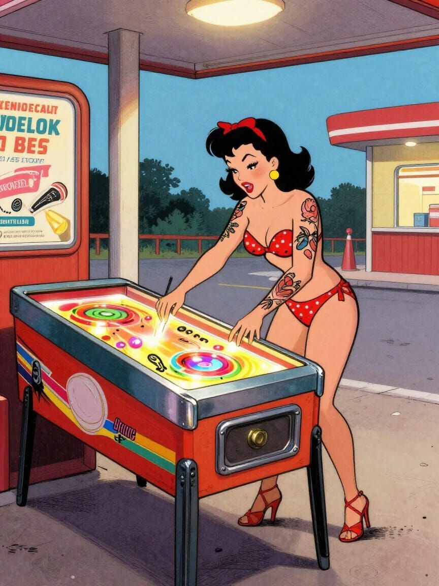 50s Pin-Up Rocker Plays Flipper in Retro Gas Station