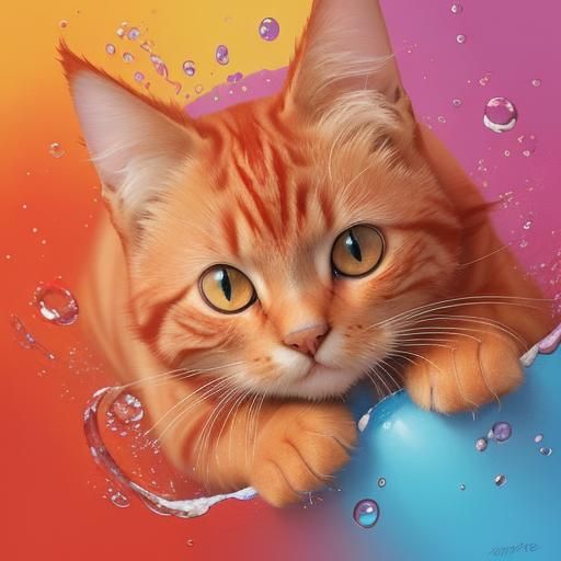 Cute Red Tabby Cat with Waterdrops in Abstract Style