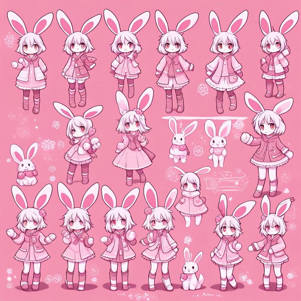 Kawaii Pink Bunny Anthro Girl in Anime Style