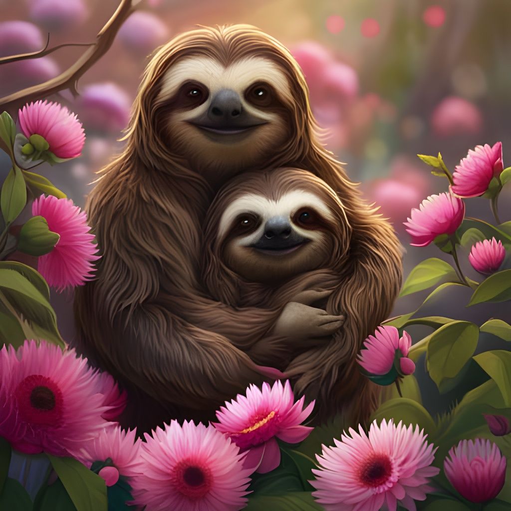 Sloth Family Hugging in Flowery Tree: Fantasy Art