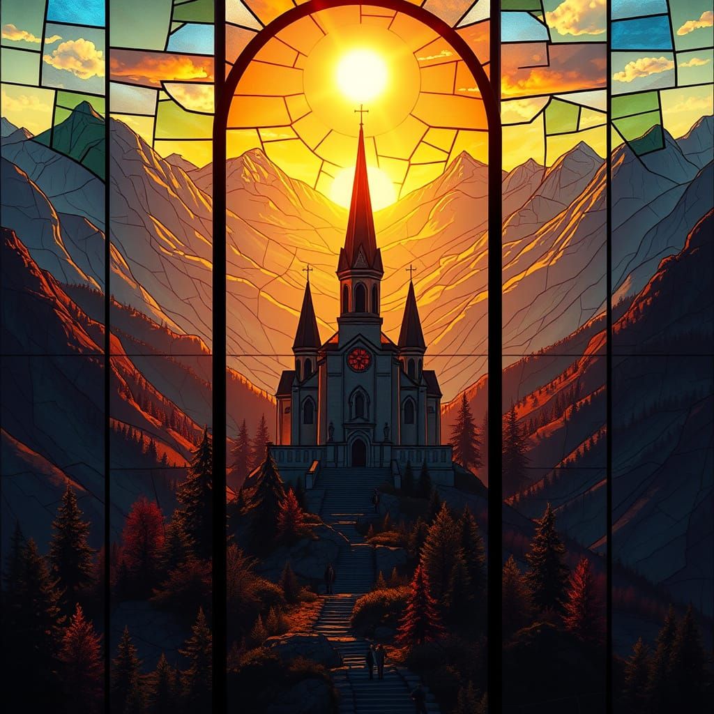 Majestic Fantasy Church Rises on Stained Glass Window