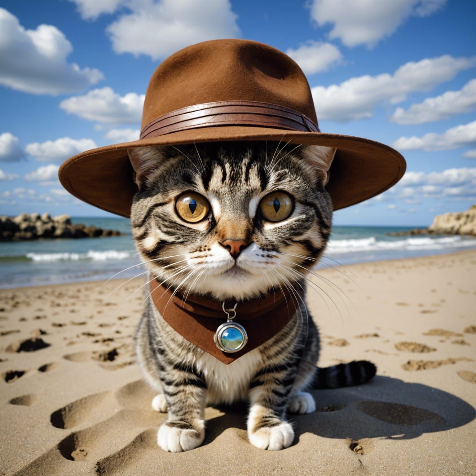 Cat in Cowboy Hat on Beach in Cubist Style