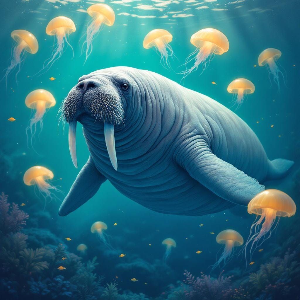 Walrus in Dreamlike Underwater Scene