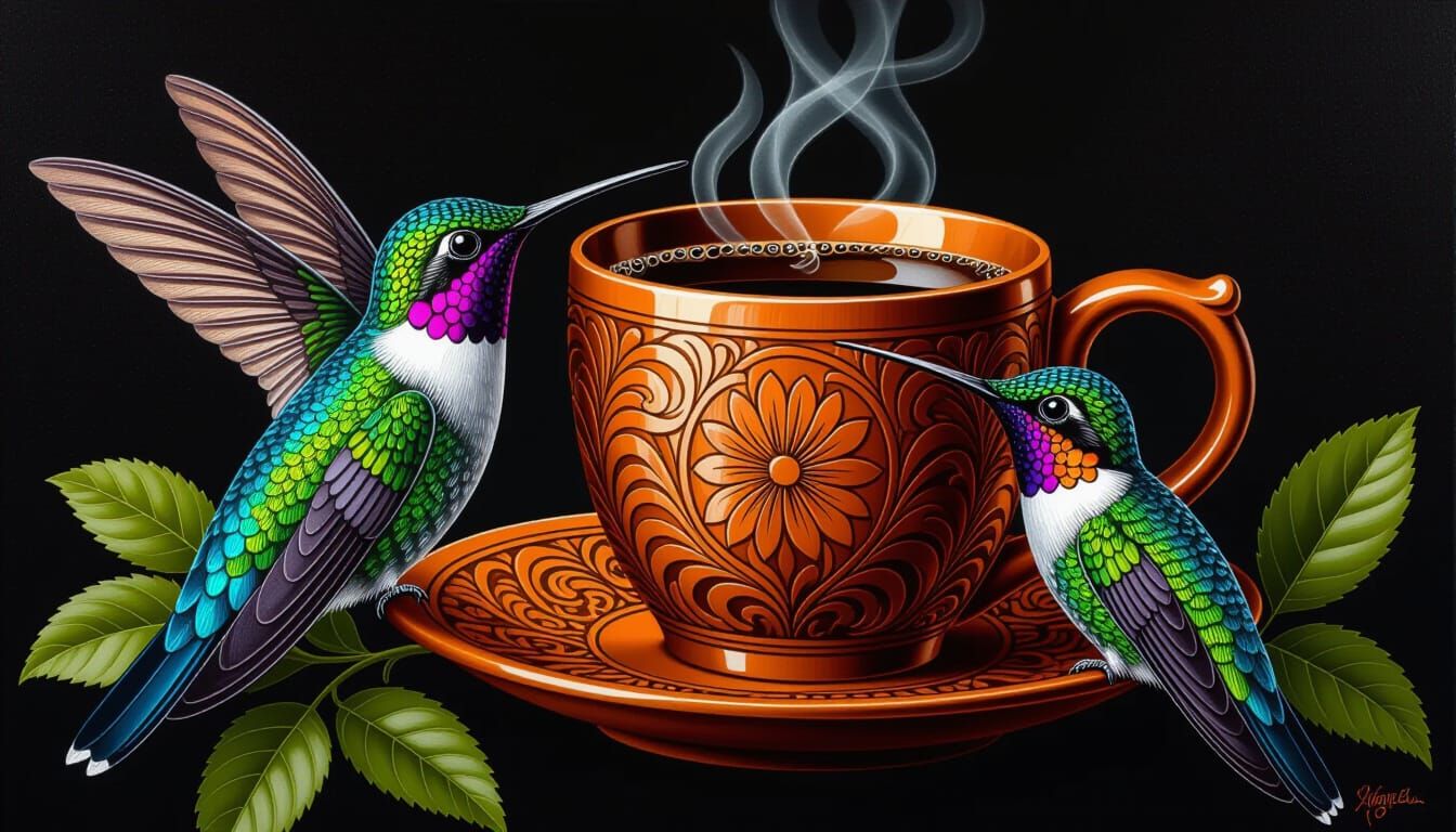 Cherry Wood Mug with Hummingbirds, Detailed Illustration