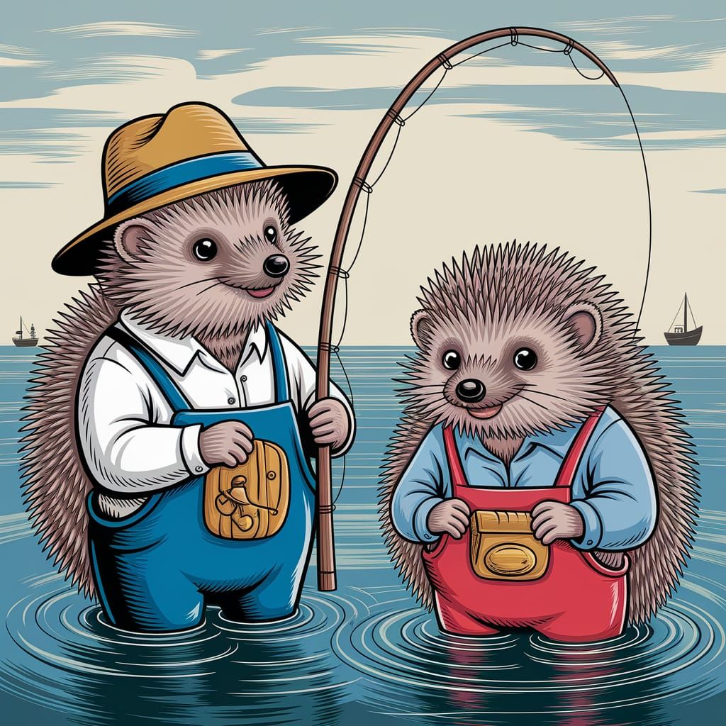 Hedgehogs as Brave Fishermen in Expressive Style