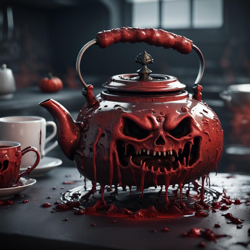 Horror Tea Kettle Set in Dark Kitchen