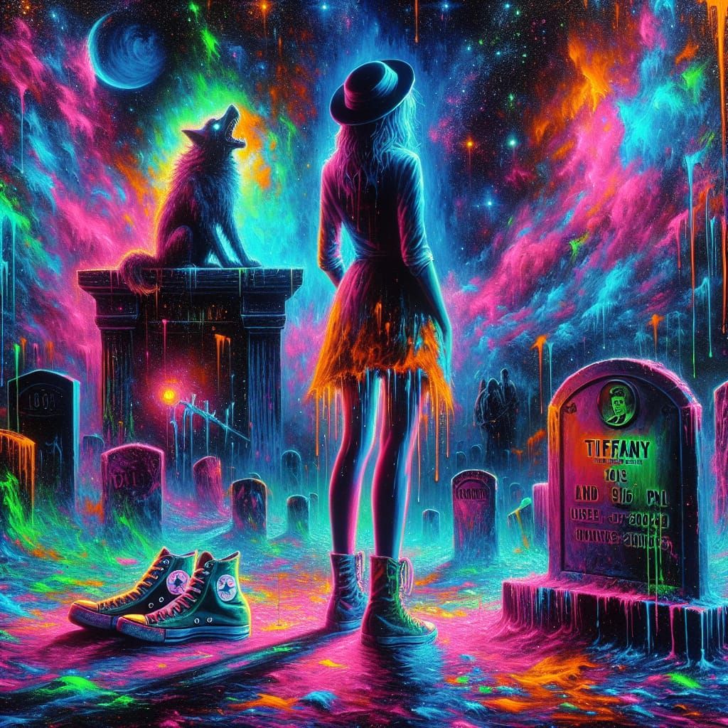 Woman at Cemetery with 'Bad Wolf' Gravestone in Expressionis...