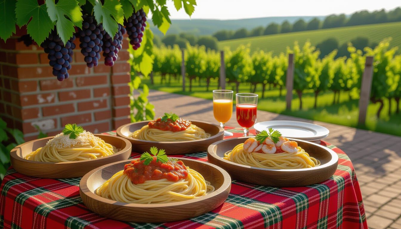 Gourmet Spaghetti Feast on Victorian Plaid Table