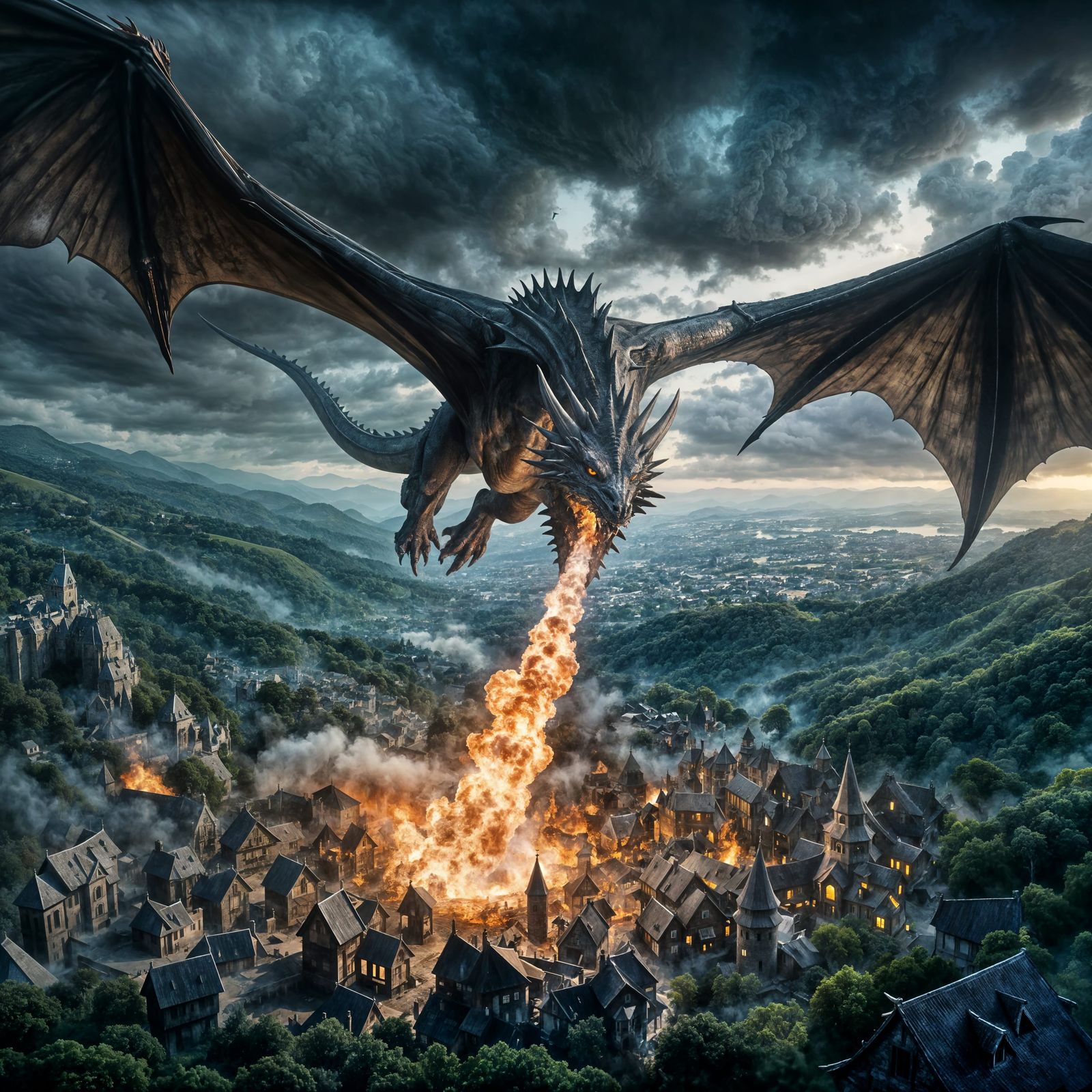 Epic Dragon Fire Breath Over Medieval Village