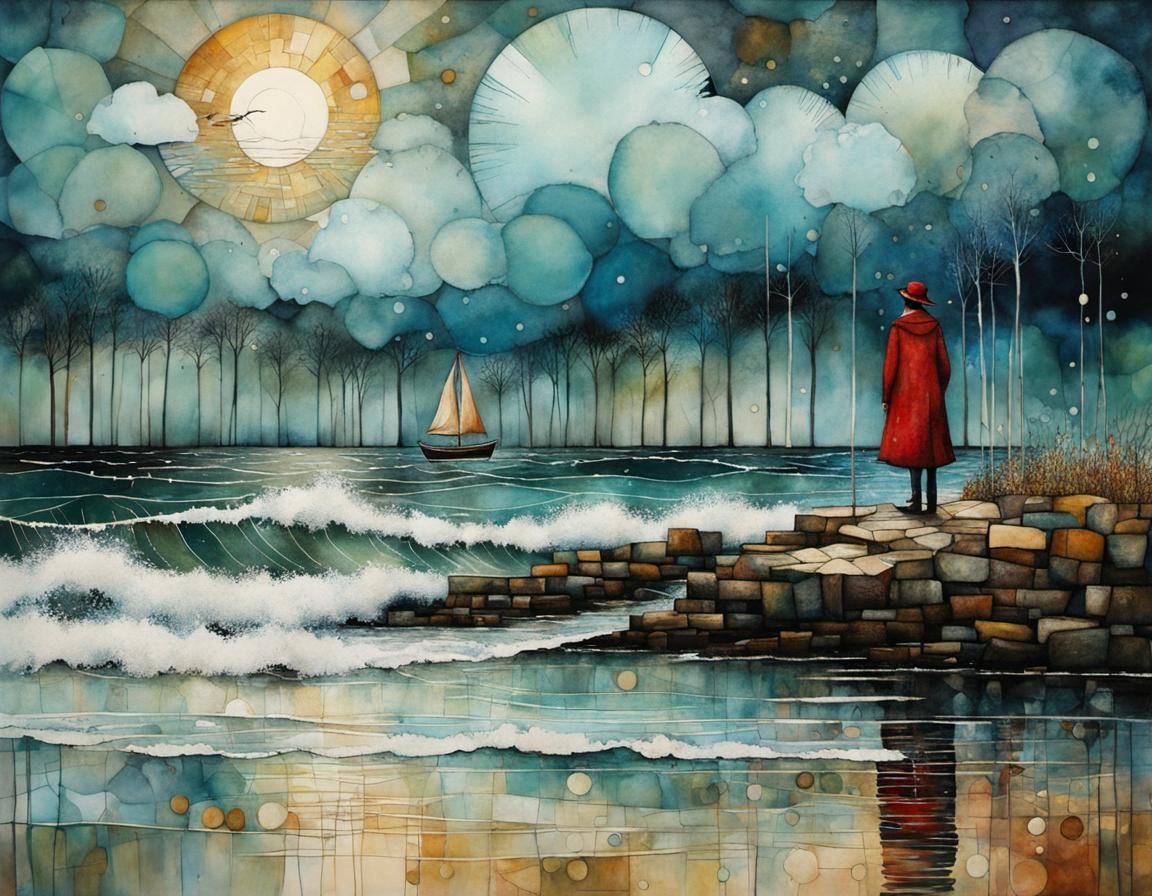 Whimsical Shore Scene in Cubist Alcohol Ink Style