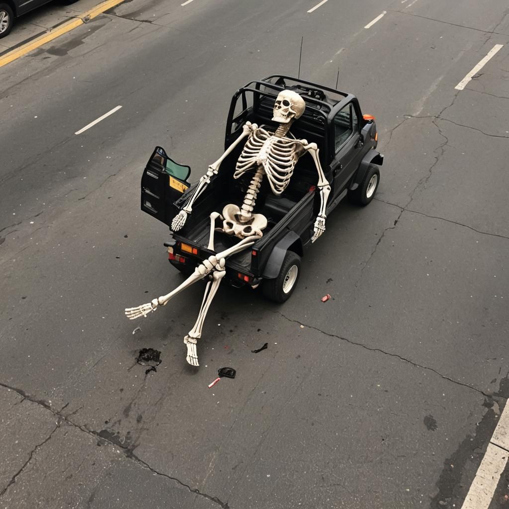Surreal Decaying Skeleton at Starbucks with Forklift
