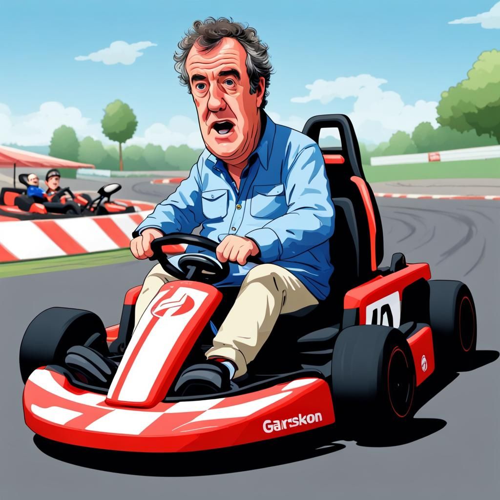 Cartoon Car Show Host Races Go-Kart