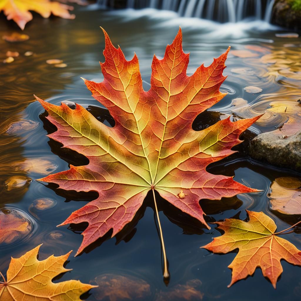Autumn Maple Leaf Reflecting a Fall Landscape