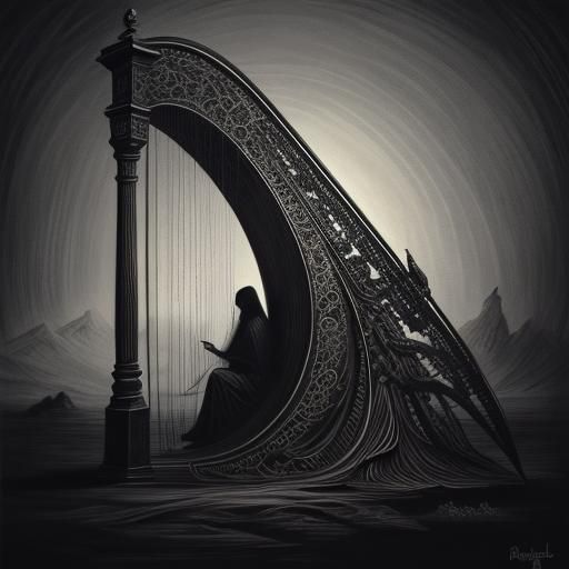 Intricately Carved Harp in Charcoal Drawing Style
