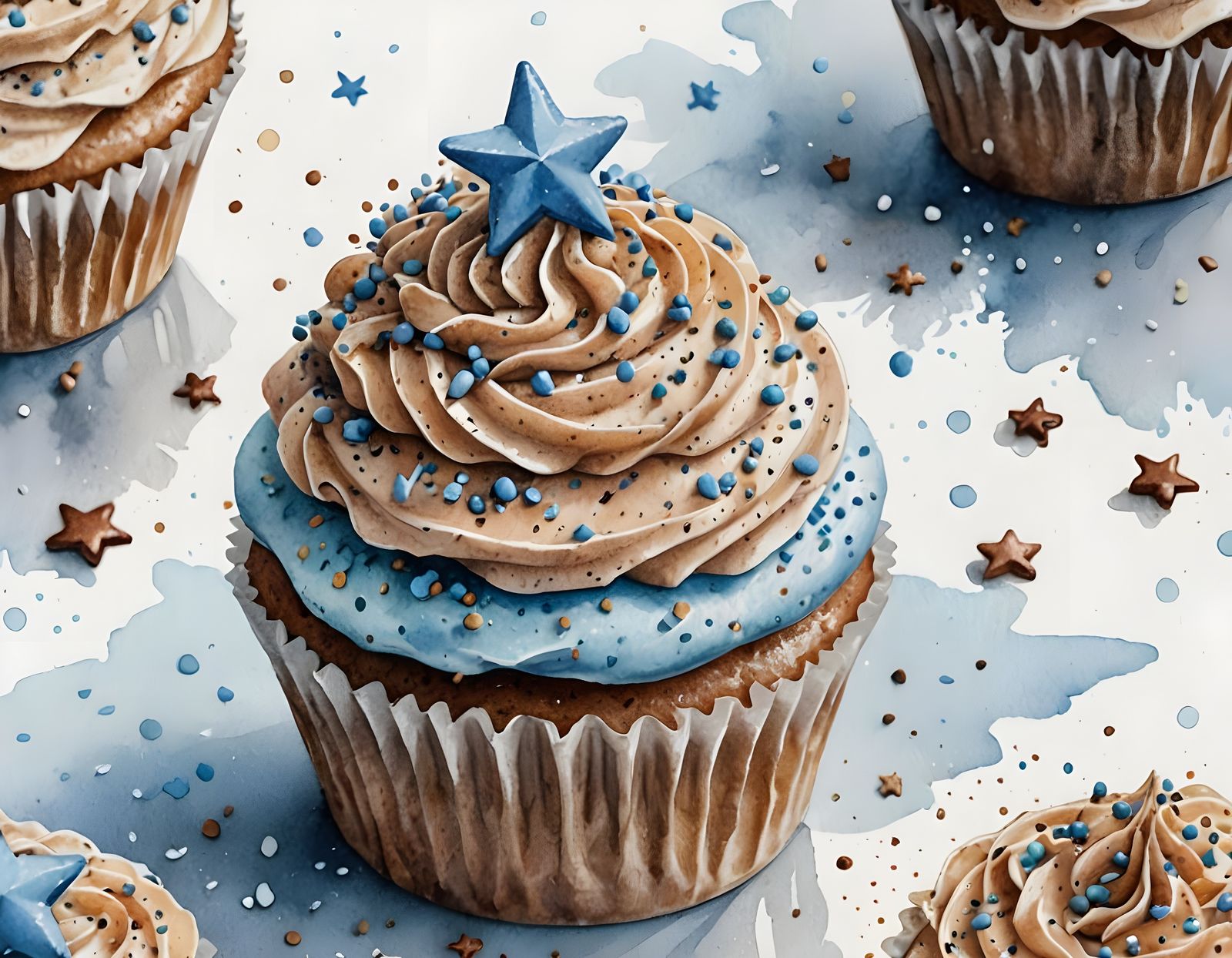 Delicate Watercolor Cupcake in Light Brown and Blue