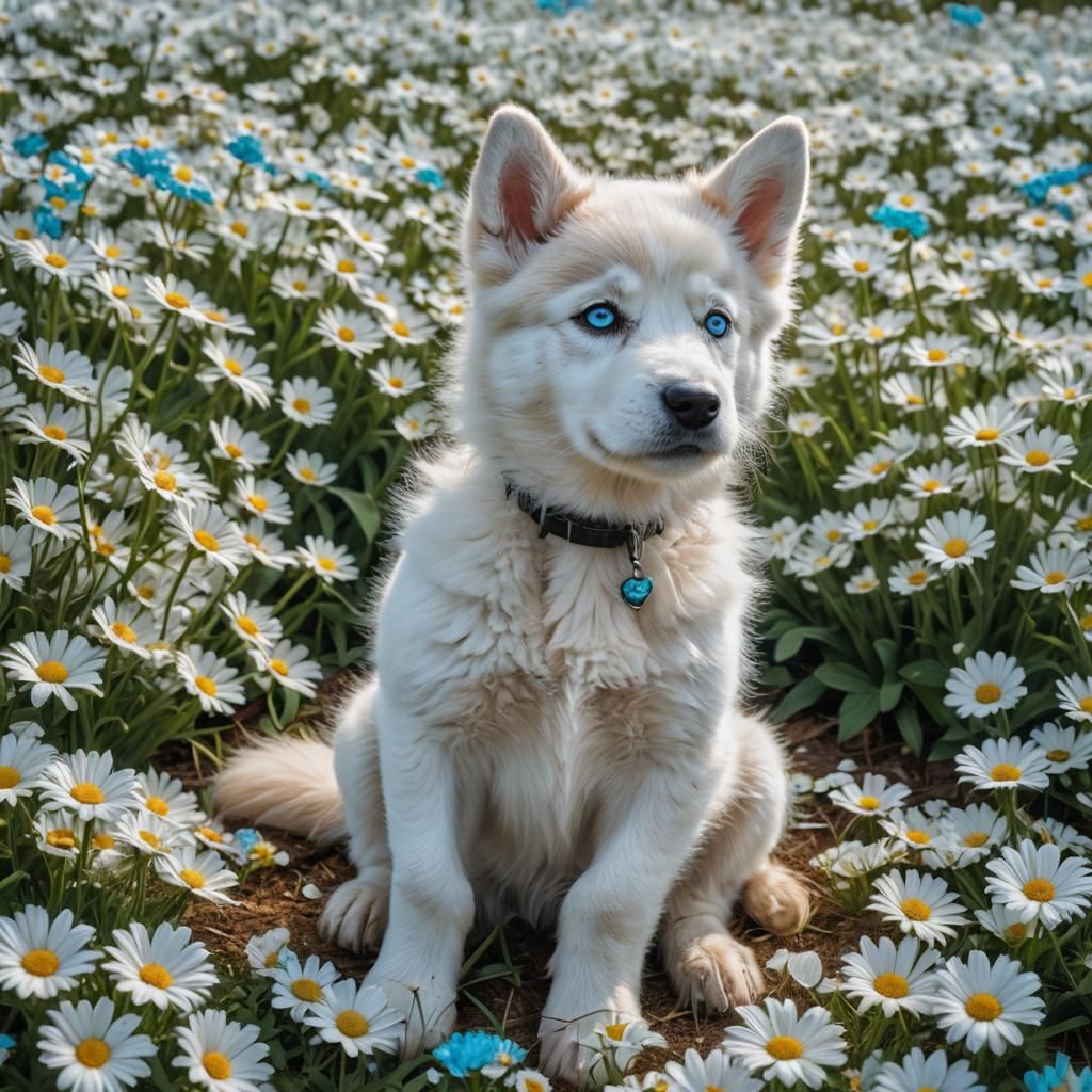 Husky Puppy with Turquoise Eyes in Daisy Field