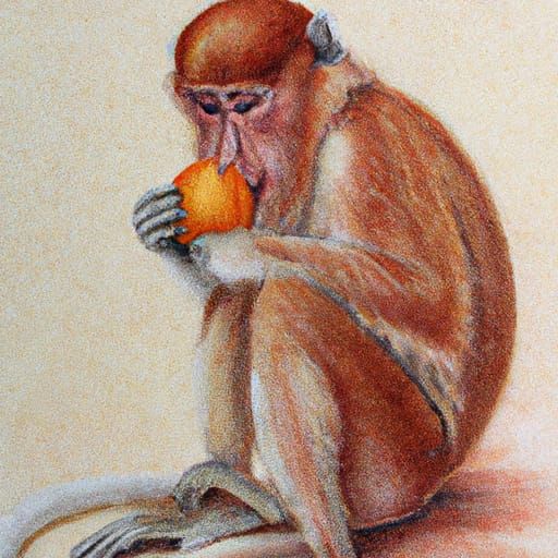 Proboscis Monkey Enjoys Tangerine: Watercolor Drawing