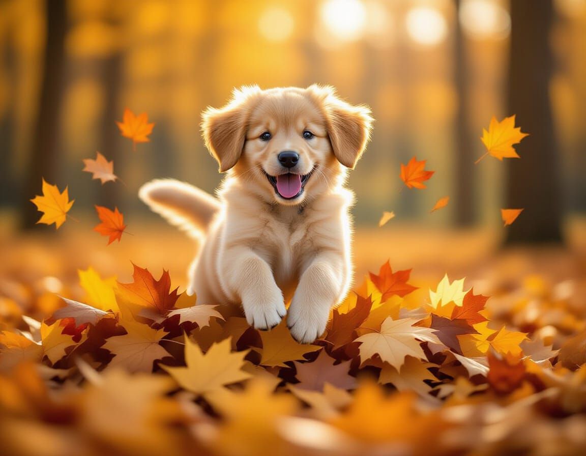 Golden Retriever Puppy Leaps Into Autumn Leaves