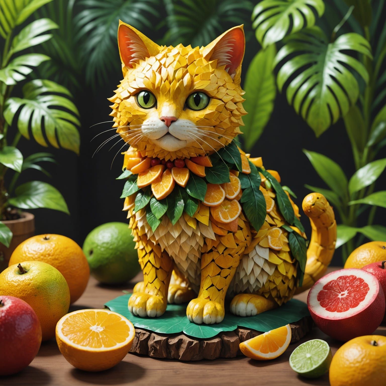 Whimsical Feline Fruit Sculptures in Vibrant Anime Style