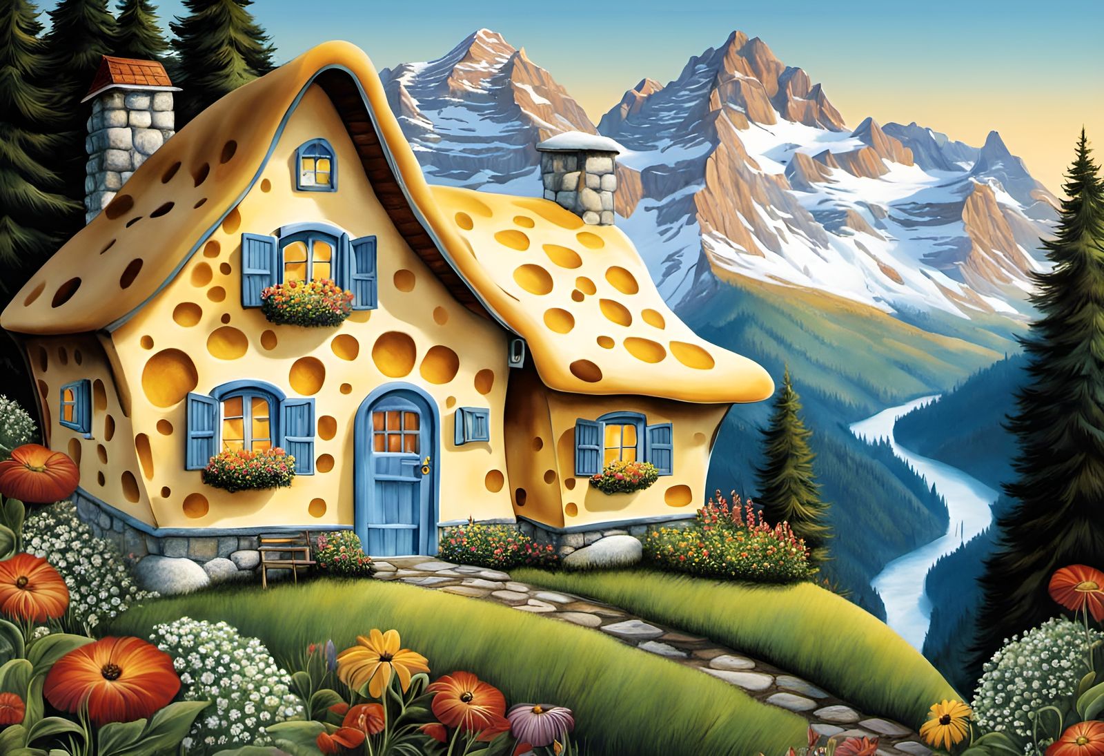 Hyperrealistic Swiss Cheese Cottage Storybook Illustration