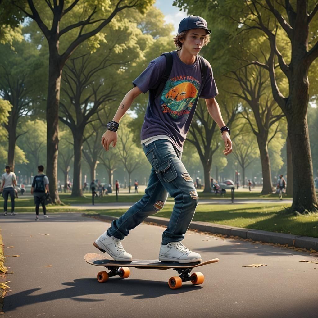 Teenager on Skateboard in Park: Hyperrealistic Digital Art