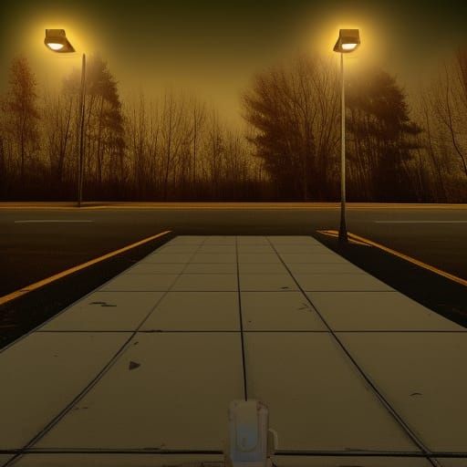 A beyond creepy painting of street lit sulfide lights at twi...