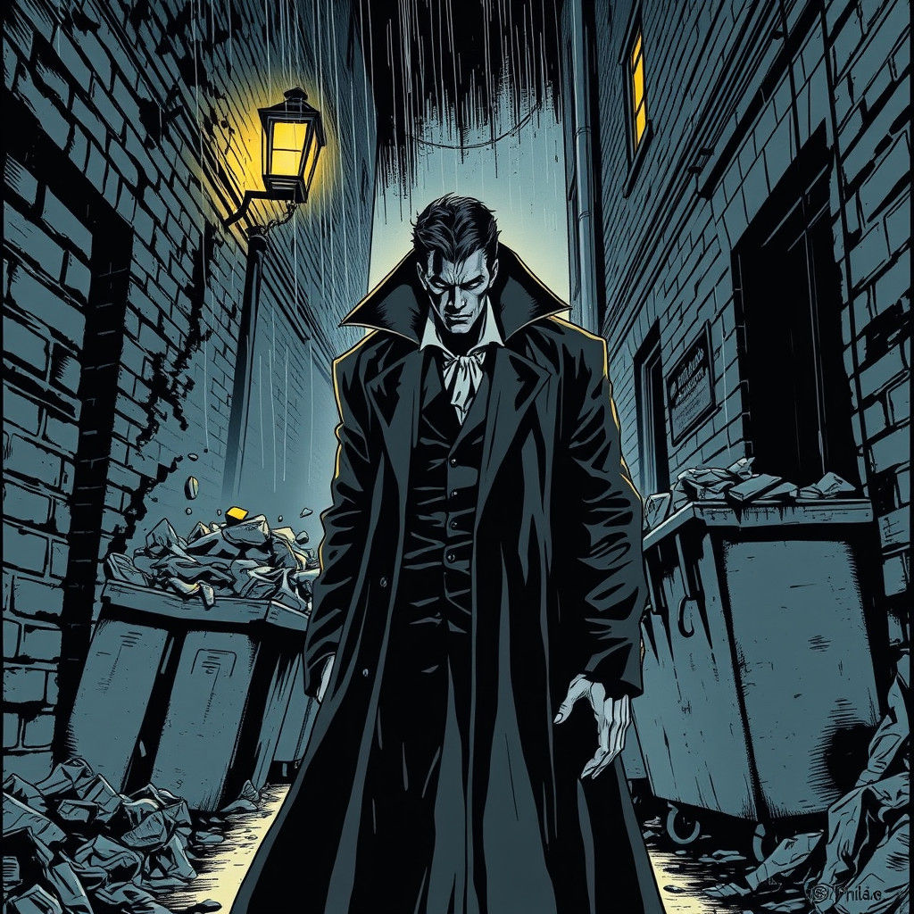 Brooding Vampire in Rainy Alley, Comic Book Style